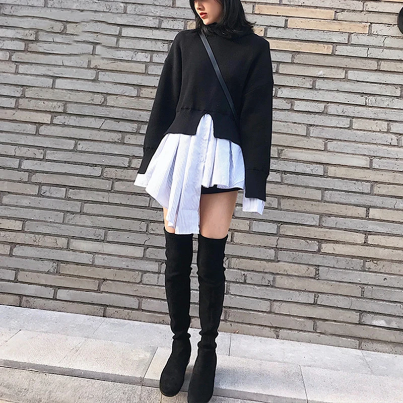 Женский трикотажный свитер с оборками Fuax черная рубашка в полоску высоким