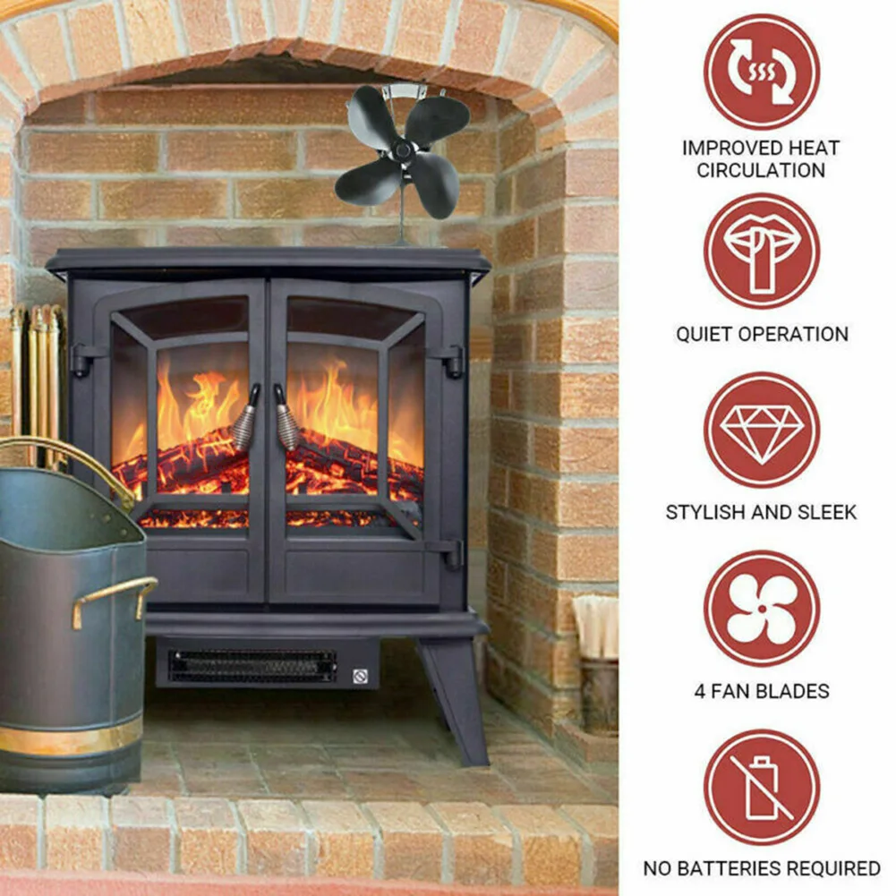 

4 Blades Black Fireplace Stove Ecofan Fuel Saving Efficient Heat Distribution Heat Powered Stove Thermo-motive Fan