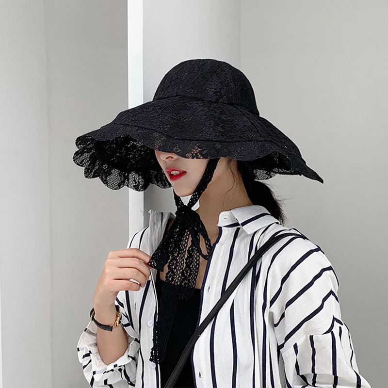 

Hot Sale Floppy Lace Hat Summer Big Wide Brim Sun Hat White Black Lace Kentucky Derby Church Party Wedding Hats Beach Hat