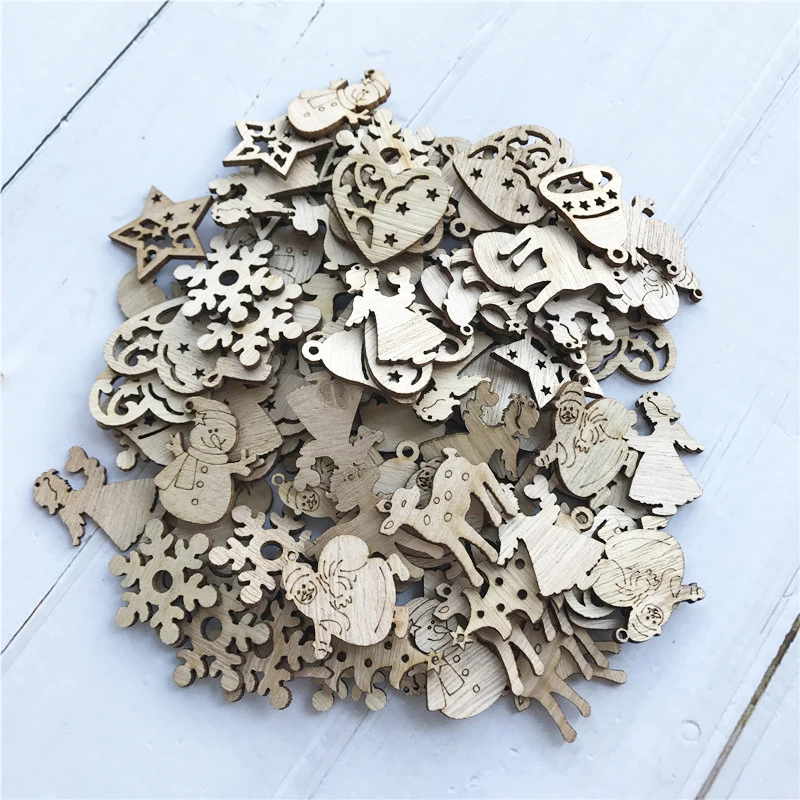 50/100 шт. DIY Плетеный абажур из натурального дерева чип Рождественская елка висячие украшения кулон подарки для детей Снеговик Форма Рождество украшения для дома
