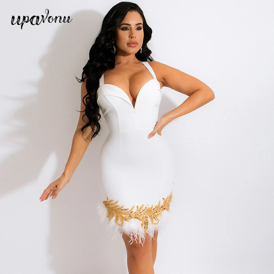 

Free Shipping Luxury Beaded Embroidered Feather Dress V Neck Sling Sleeveless Bodycon Sexy Bandage Dress Evening Party Dresses