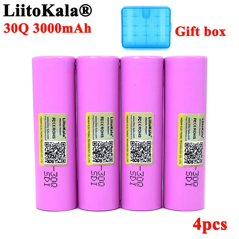 Аккумуляторные батареи LiitoKala, 30Q 18650, 3000 мАч, INR1865030q, 3,6 В, 20 А, макс. 35 А, 4 шт.