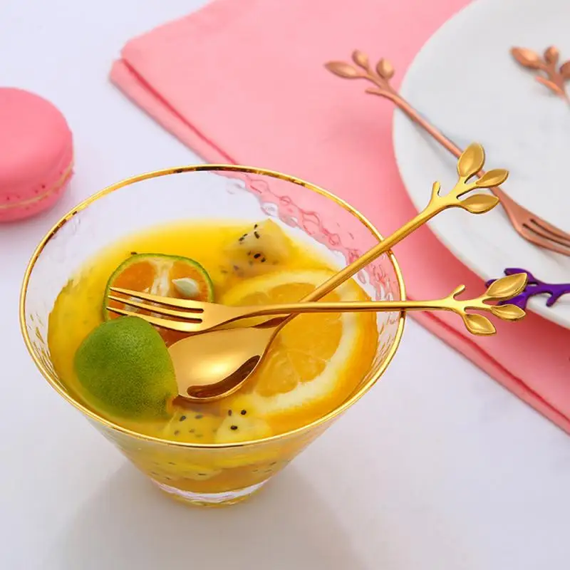 

10PCS Creative Leaf Shape Handle Coffee Spoon Teaspoon Dessert Snack Scoop Fork Couple Spoon/Fork Kitchen Accessories Tableware