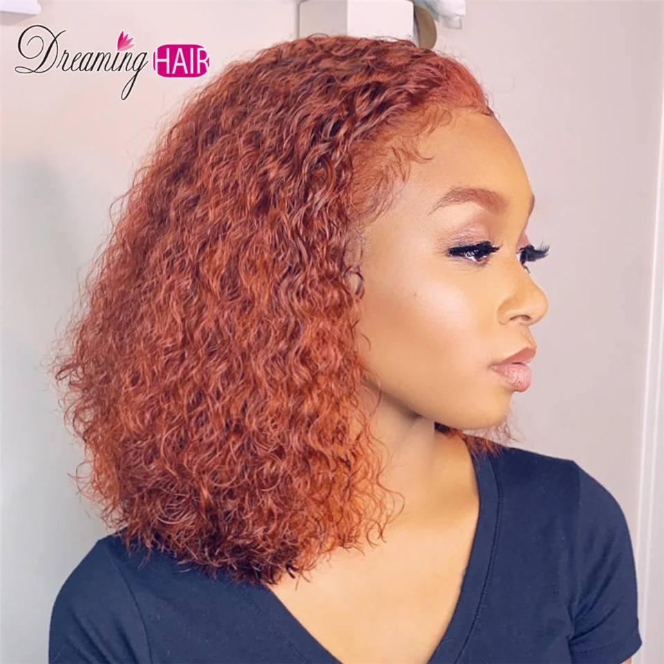 13x4 фронта шнурка человеческих волос парик короткие кудрявые оранжевый Цветной