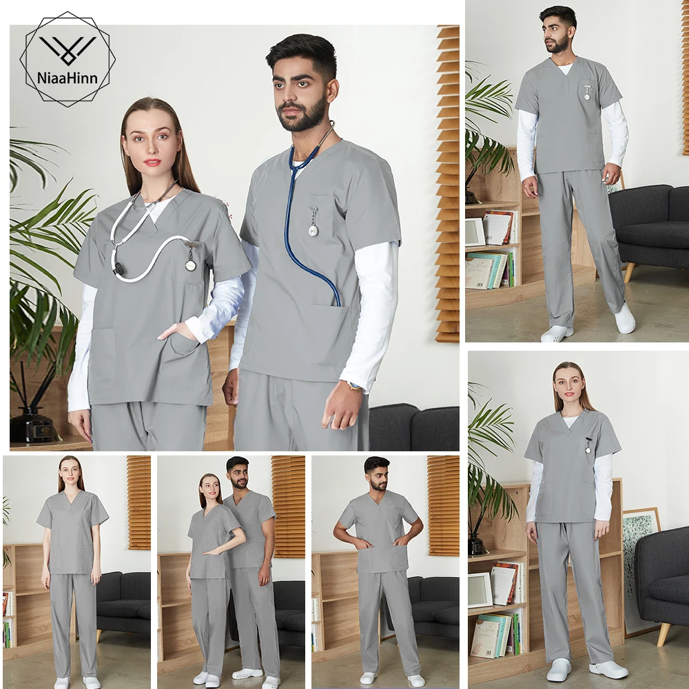 

Grey anti-fouling high-quality large pocket scrub (shirt + pants) confinement center nursing breathable surgical gown wholesale