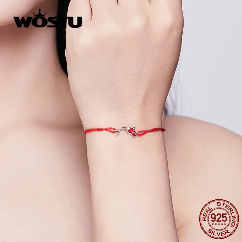 WOSTU 100% Серебро 925 пробы Серебряное пустое сердце любовь красная веревочная цепь