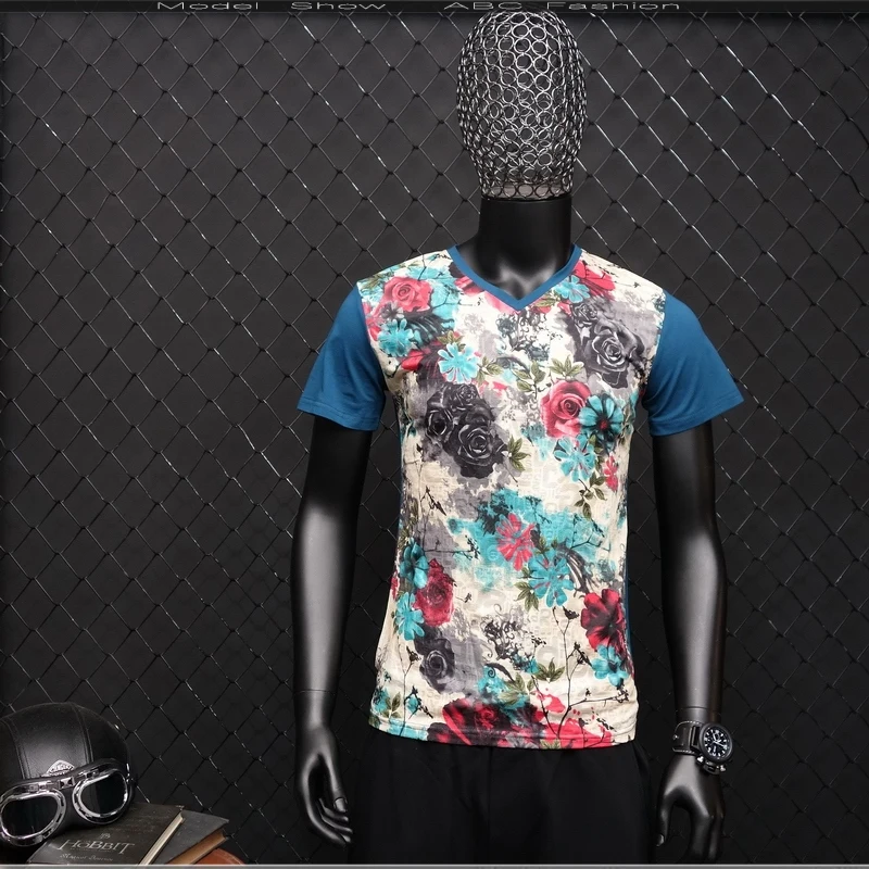 

Men's Slim Summer Personalized Print Short Sleeve T-shirt V-neck Youth Thin Slim T-shir