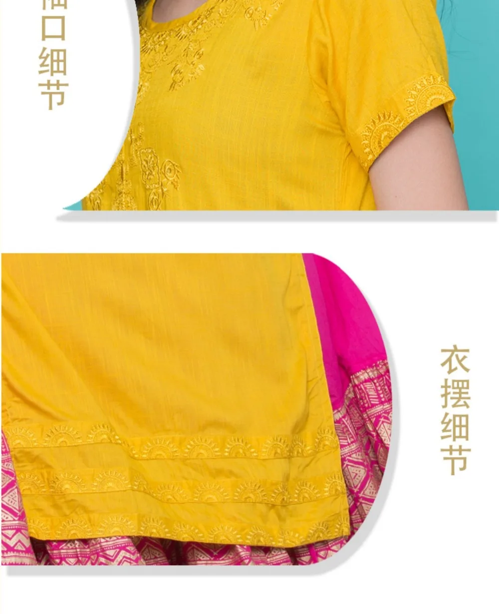 Новые женские модные комплекты в этническом стиле хлопок Индия Kurtas короткий рукав длинный желтый тонкий Топ Юбка