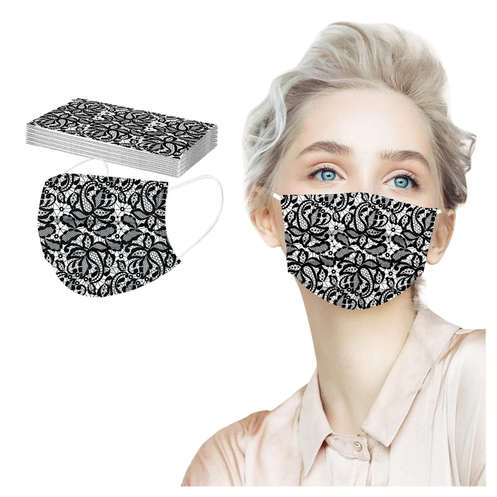 

50pcs Adult Lace Mask Disposable Face Mask 3ply Ear Loop Anti-pm2.5 Masks Windproof Foggy Haze Pollution Respirator Mascaras R5