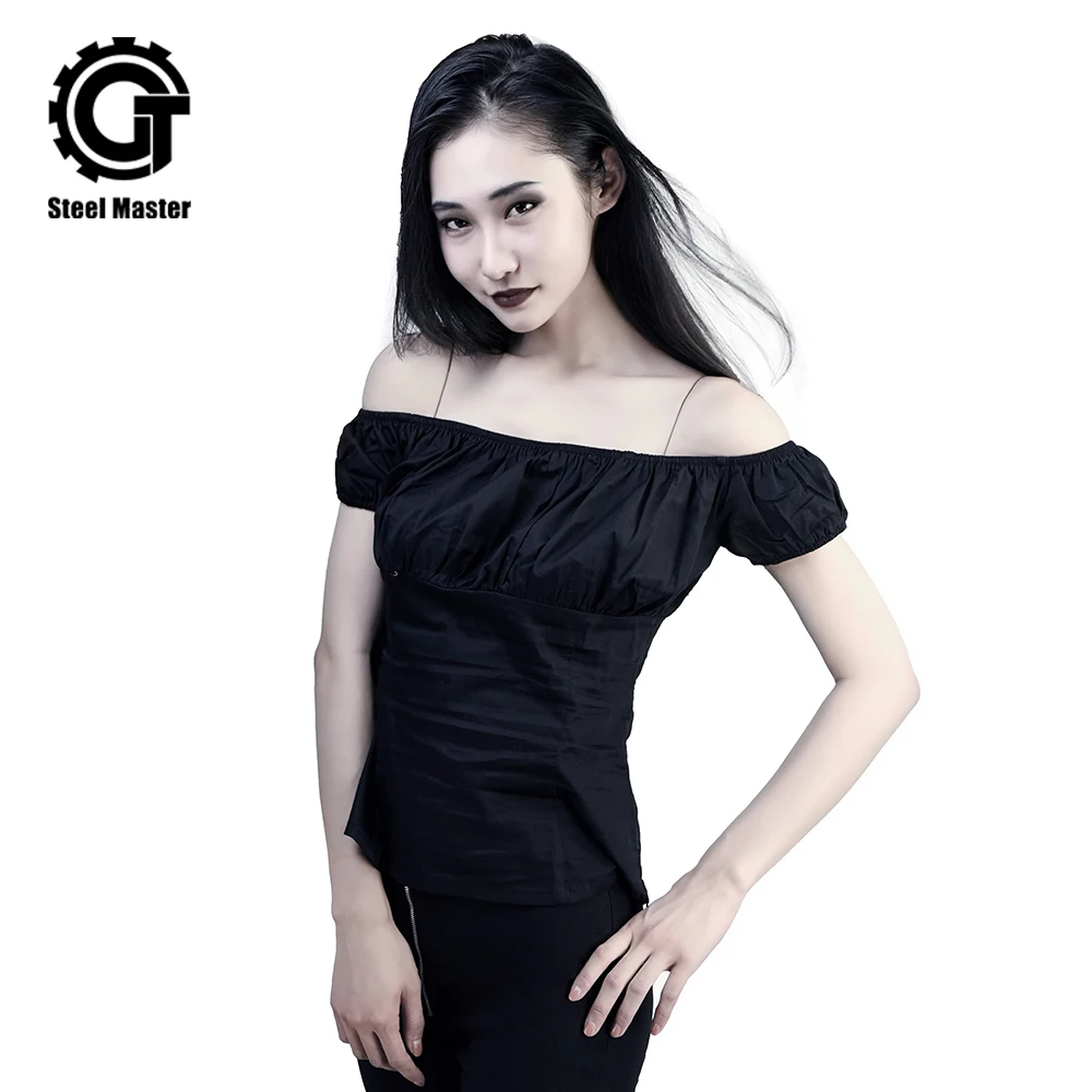 

Womens T Shirt Open Shoulder Tops Black Slash Neck Women Clothes New Fashion