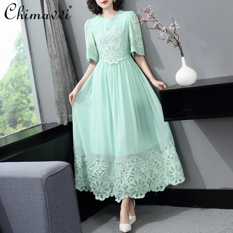 

Goddess Dresses Women 2021 Summer Fashionable Lace Stitching Embroidered Dress High Waist Slimming Large Hem Elegant Maxi Dress