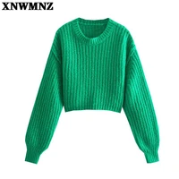 xnwmnz women green knitted thicken cropped sweater female round neck long sleeve casual loose pullovers top 2021 autumn winter