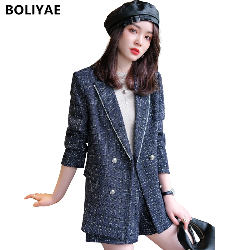 

Boliyae New Suit with Shorts for Women Spring and Autumn Tweed Plaid Long Sleeve Blazer Sets Fashion Double Breasted Jacket Tops