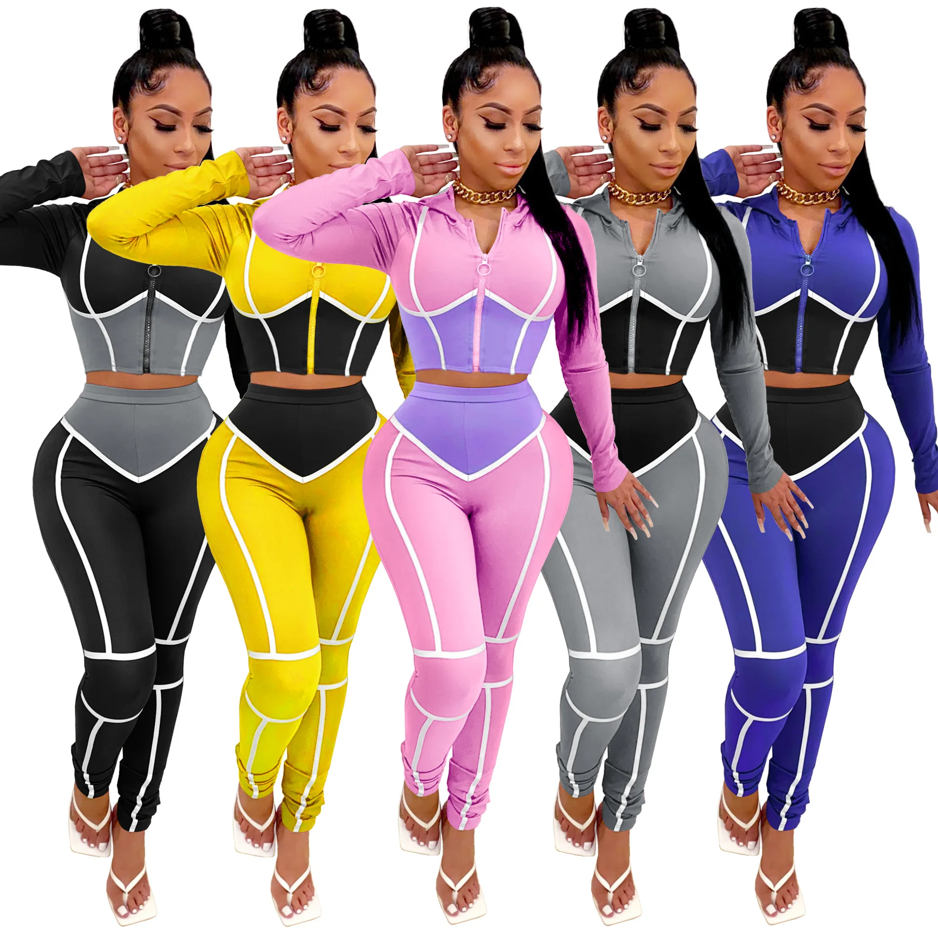 

2021 Women Fashion yoga wear contrast color tight two-piece Tracksuits, Adults Long Sleeve Hooded Crop Top + Pencil Pants Suit