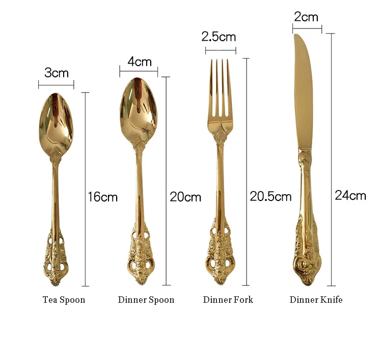 

Vintage Western Gold Plated Cutlery 24pcs Dining Knives Forks Teaspoons Set Golden Luxury Dinnerware Engraving Tableware Set