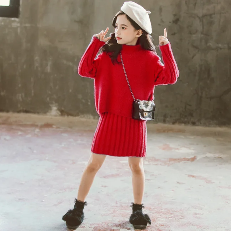 Girls Clothing set Winter Faux-wool Thick Warm Knitted Vest Dress Suit Children Costume Kids Tracksuit 8 10 Years Girls Clothes