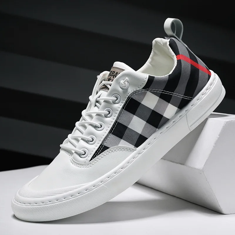 

Fashion Men Sneakers Tenis Masculino White Leather Casual Shoes Youth Male Street Footwear Gingham Leisure Sport Man Shoes