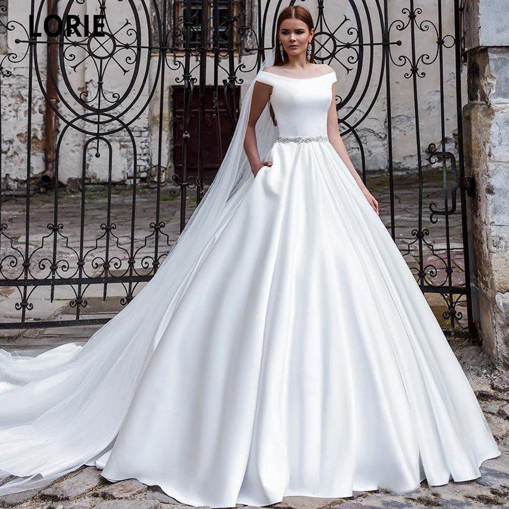 

LORIE Satin Wedding Dresses Beaded Sash Bridal Gowns Plus Size Boat Neck Off The Shoulder Country Wedding Gowns with Pockets