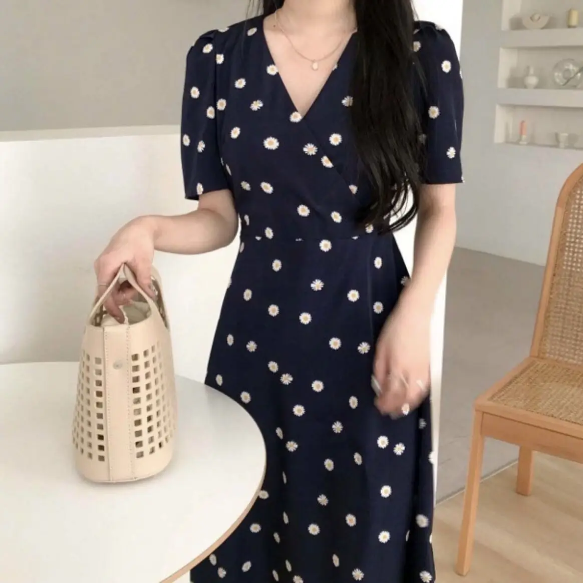 

COIGARSAM Chiffon Women dress Short Sleeve Dresses Dark Blue 8105