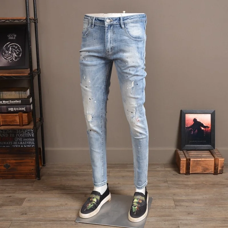 Fashion Brand Mens Hole Ripped Stretch Jeans Korean Slim Fit Pencil Pants Printed Vintage Washed Long Trousers High Street Jeans