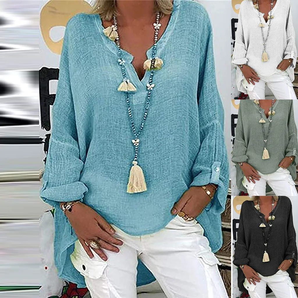 

FREE OSTRICH Solid Color Blouse Women V-Neck Loose Shirts Female Quality Cotton And Linene Plus Size Casual Tops Clothing 5XL