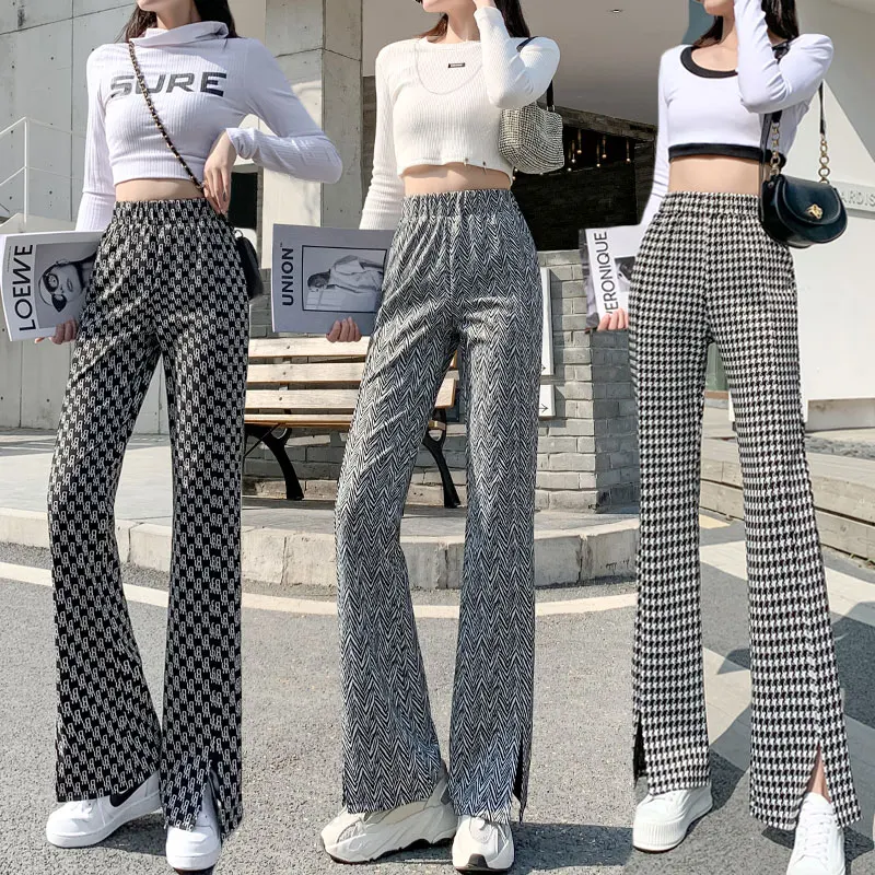 

Spring/Summer 2021 Houndstooth Slit Mopping Pants Casual Pants Straight High Waist Draping Bell Pants Daddy Pants Streetwear