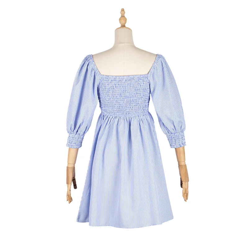 

Spring Striped Women's Dress Casual Square Collar Lantern Sleeve High Waist Dress Lady New Fashion Vintage A Line Mini Dresses