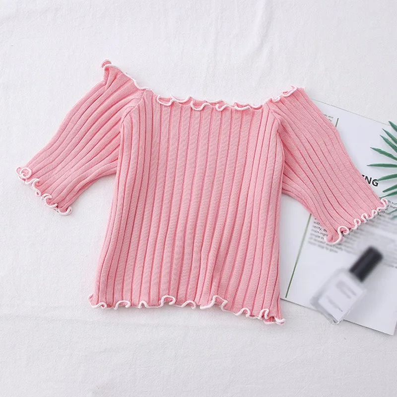 

Women's Slash Neck Color Tshirt Korean Style Female Crop Top Ladies Shirt Short Sleeve Knitted Ruffles Tee Tops