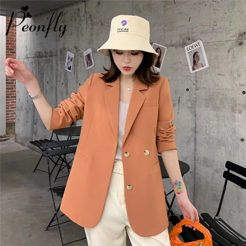 

Женский однобортный Блейзер PEONFLY, повседневный однотонный пиджак с длинным рукавом, верхняя одежда для офиса