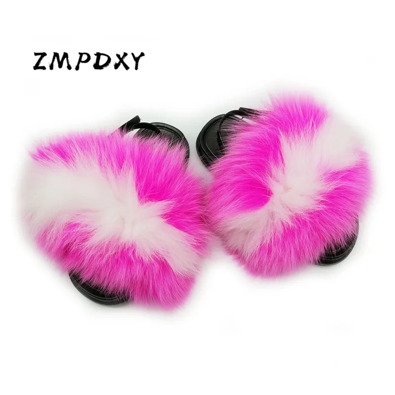 

Children's Fluffy Raccoon Fur Slides Indoor Heel Strap Flat Plush Home Shoes Kids Real Fox Fur Slippers Girls Furry Sandals EU24