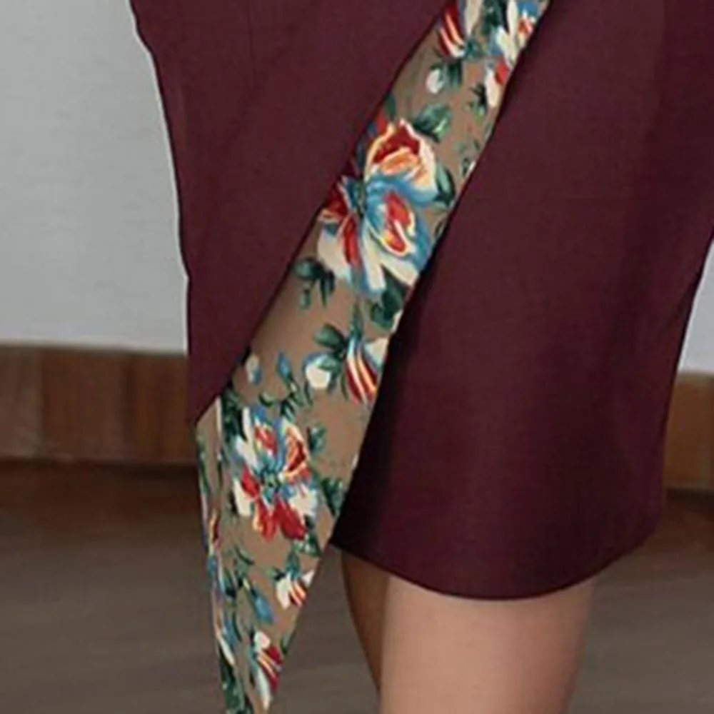 

Burgundy Round Neck Party Dress Short Sleeves Summer Knee Length Elegant Women Office Plus Size Patchwork Ladies Dresses S-3XL
