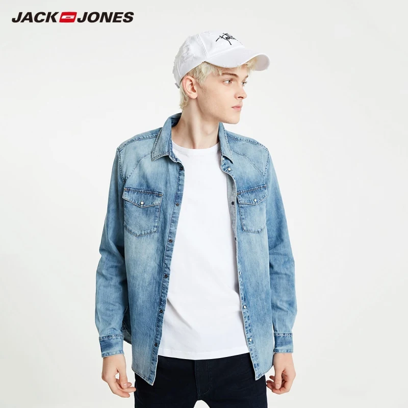 Мужская джинсовая рубашка JackJones приталенная Базовая с длинными рукавами 219105523 |