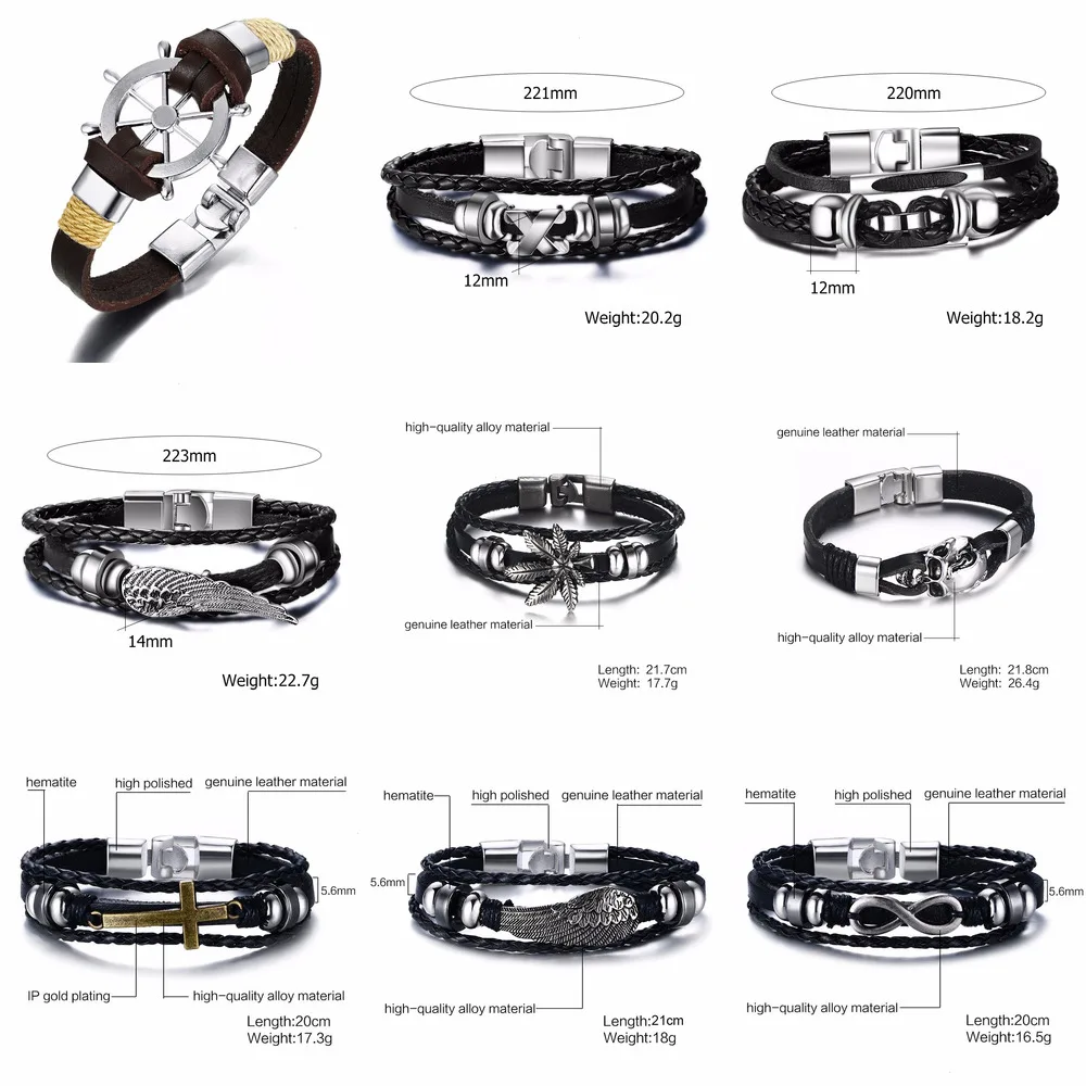 

NEW Vintage Rudder Charm Bracelet for Men Multi-layer Leather Rope Bracelets Bangles 7.87" pulseira masculina