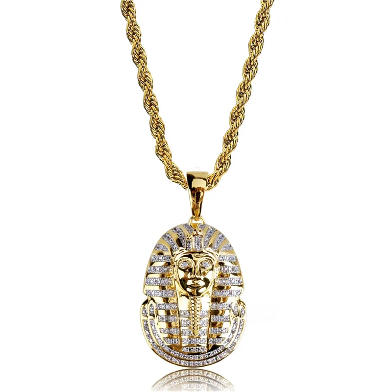 

Men'S Hip Hop Iced Out Bling Zircon Egyptian Pharaoh Head Pendant Necklaces Punk Statement Fine Jewelry Gifts Dropshipping