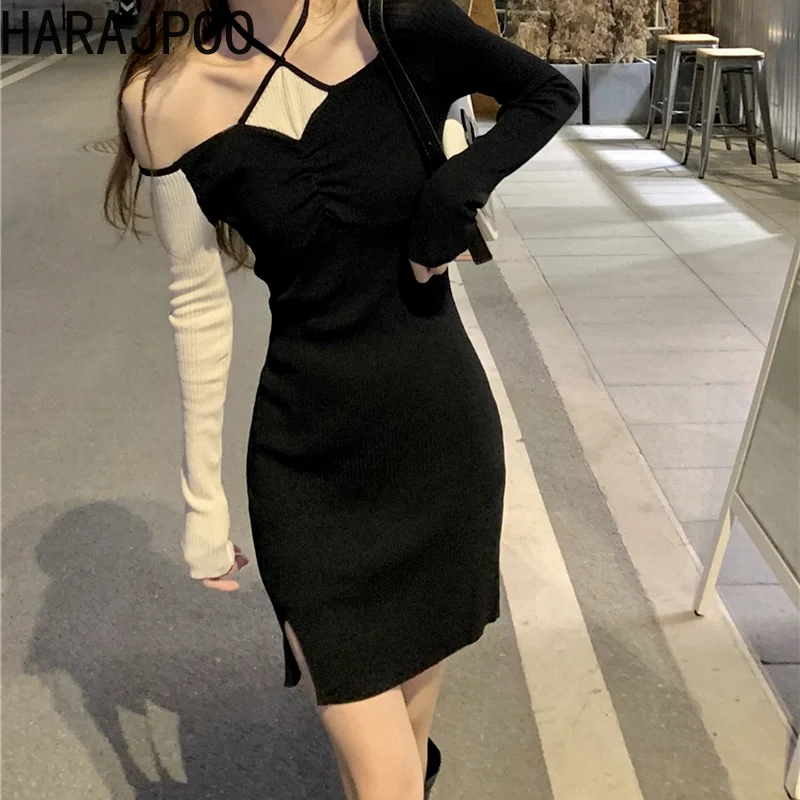 

Женское платье Harajpoo, корейское Шикарное облегающее уличное платье с длинным рукавом, новое винтажное платье выше колена с вырезом лодочкой ...