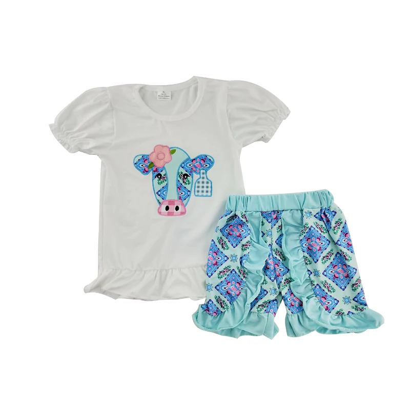 

baby girls boutique clothing sets flower and cow ox-head Embroidered shorts outfits