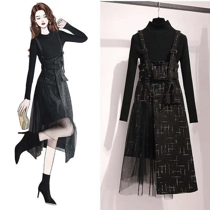 

Knitted Sweater Bottoming Shirt + Tweed Splicing Mesh Irregular Braces Skirt Suit Female 2020 Autumn Winter Women 2 Piece Set