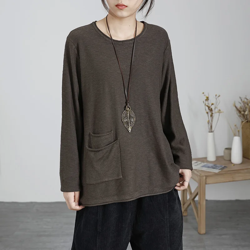 Thin Sweater Autumn Spring 2019 Women Loose Pocket O Neck Long Sleeve Big Size Basic Tops Fashion Pullovers YoYiKamomo | Женская одежда