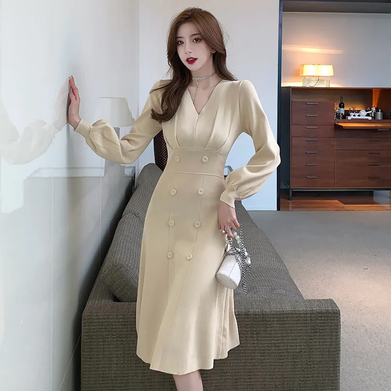 

Knee-Length Autumn V-neck Women Winter Office Vestidos Casual Lady Slim Dress Dresses Chic Kintting Sweater Slim Autumn Winter D