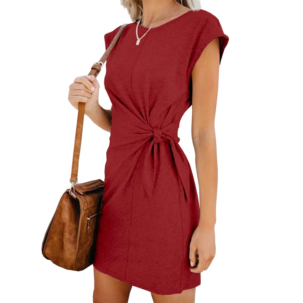 

2021 New round neck loose short-sleeved strap dress urban casual solid color dress comfortable slim summer women's dress