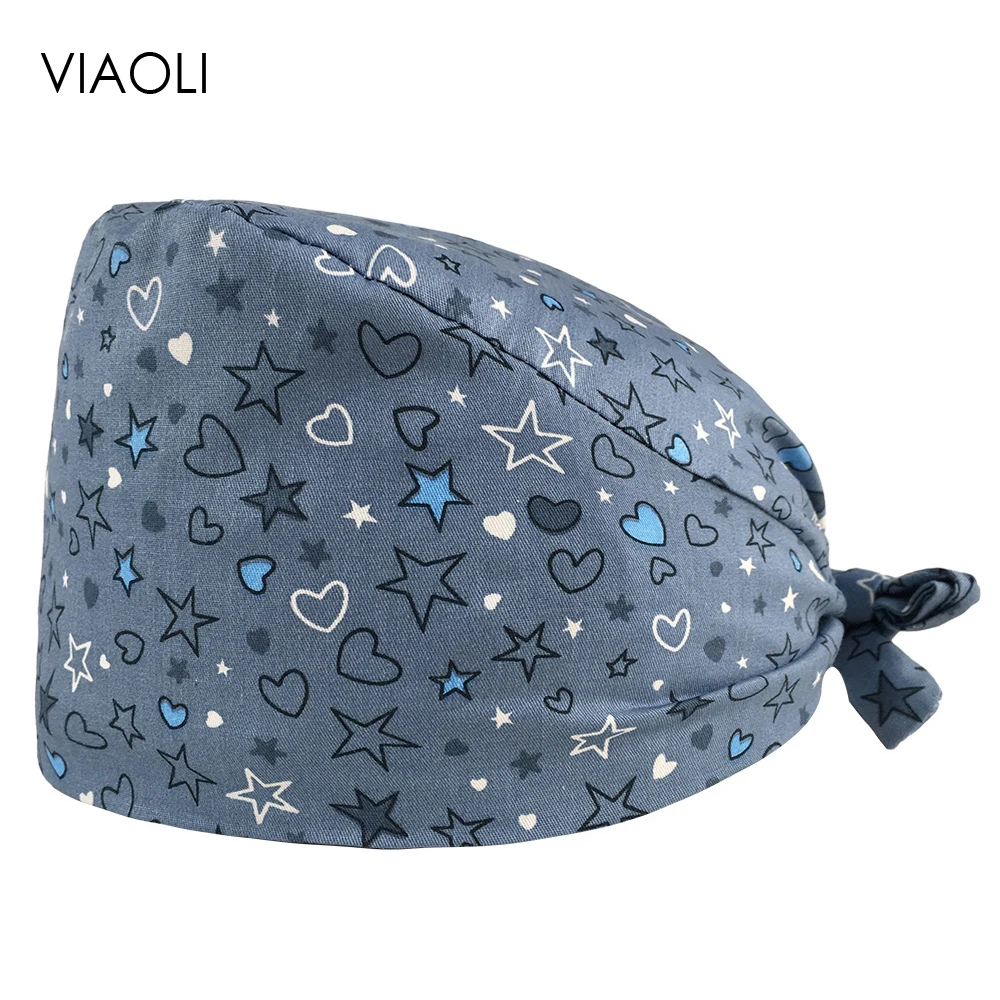 

VIAOLI-Breathable cotton Elastic Tieback print Light-colored five-pointed star peach heart scrubs caps pet shop Dust scrub hats