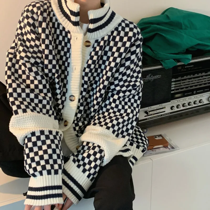 

Женский тонкий кардиган в клетку, свободный тонкий кардиган в стиле шахматной доски с длинным рукавом и воротником-стойкой, 2021