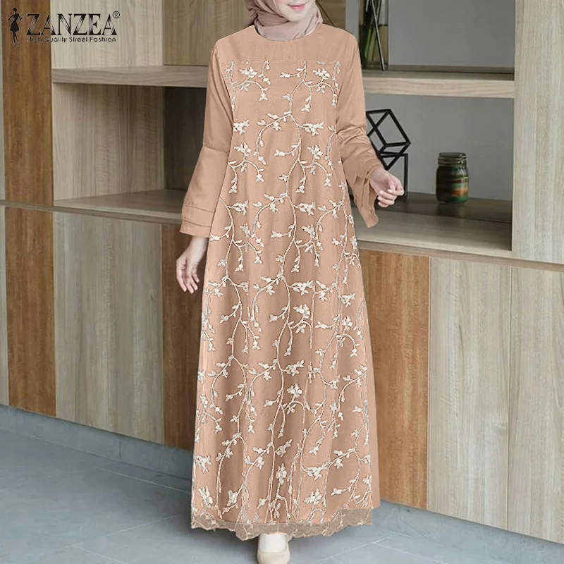 

Casual Party Full Sleeve Dresses 2022 Floral Embroidery Lace Sundress Patchwork Long Maxi Shirt Dress Abaya Hijab Vestido Kaftan
