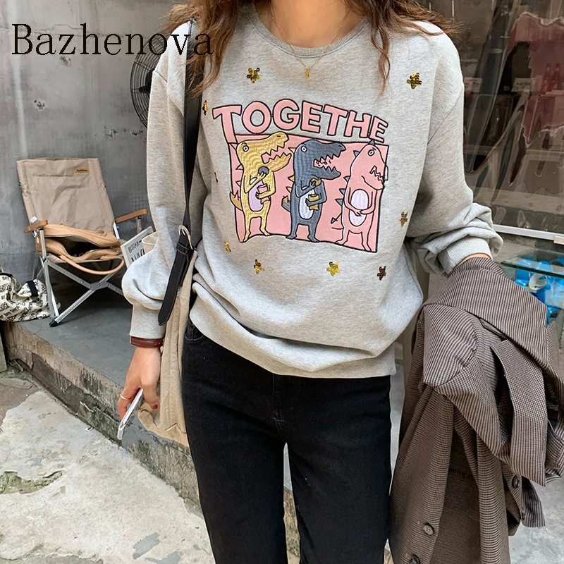 

bazhenova Women fall cartoon patch sequined sweatshirt girls autumn loose tops ladies sweet sweatshirts woman sweatshirt R979