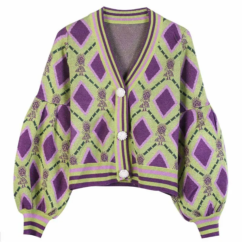 

Cute Cardigan Crop Top Argyle Jacquard Knitted Cardigan 2021 New V Neck Pearls Buttons Lantern Sleeve Sweater Coat Short Outwear