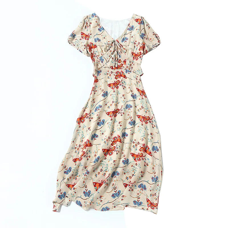 

2020 short sleeve temperament commuter pullover lace-up long skirt mulberry silk printing slim waist silk dress female