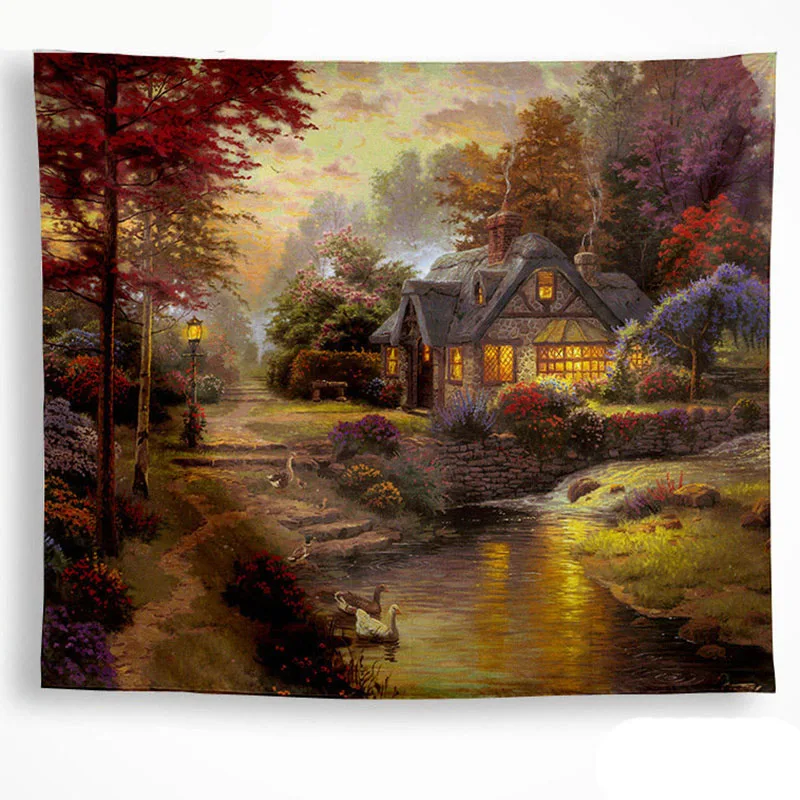 Деревянный дом гобелен солнце река утка стена покрывало домашний декор комната в