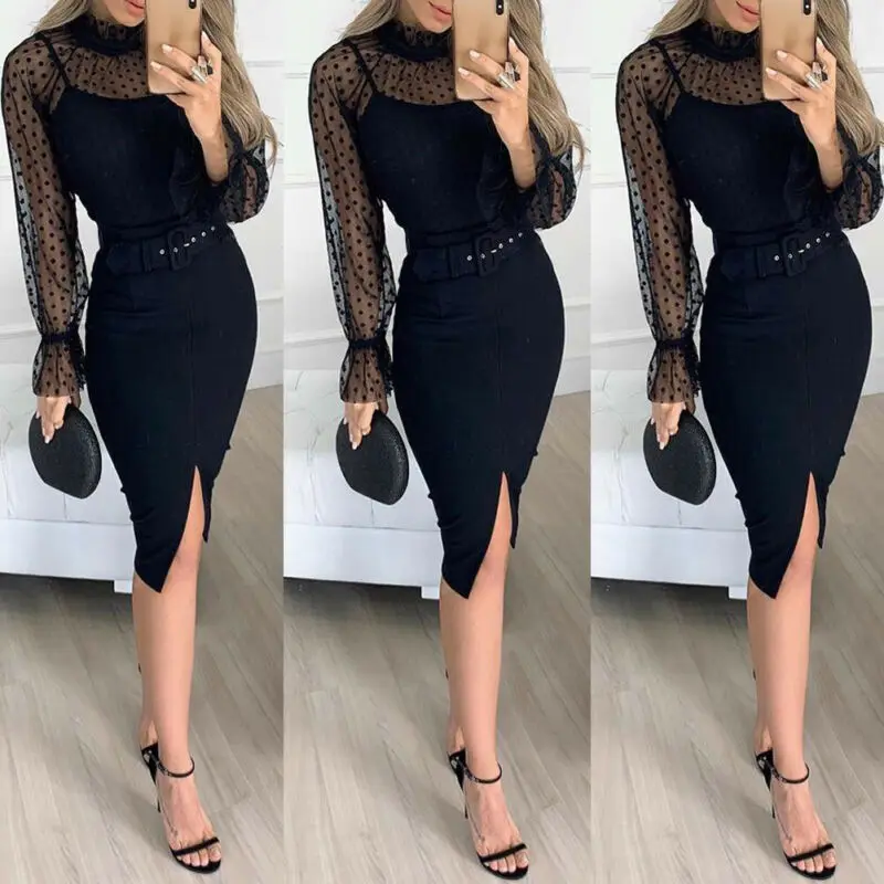 Женское платье на тонких бретелях черное без рукавов с поясом офисное разрезом |