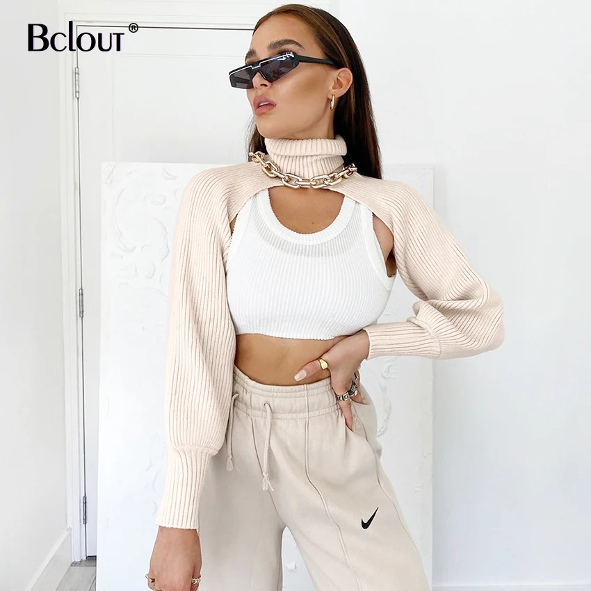 

Bclout Sexy Chic Long Sleeve Pullover Knit Shirt Solid Crop Top Women Sweaters Autumn Winter Turtleneck Sweater Ladies Tops