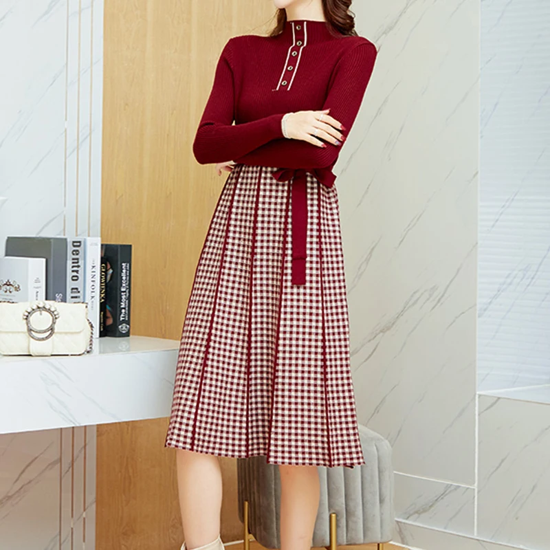 Зимнее женское трикотажное платье в Корейском стиле модный свитер клетчатое